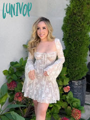 Lunivop Mingmingxi Women Elegant Flare Sleeve Dress Mini A Line Lace Birthday Party Lovely White