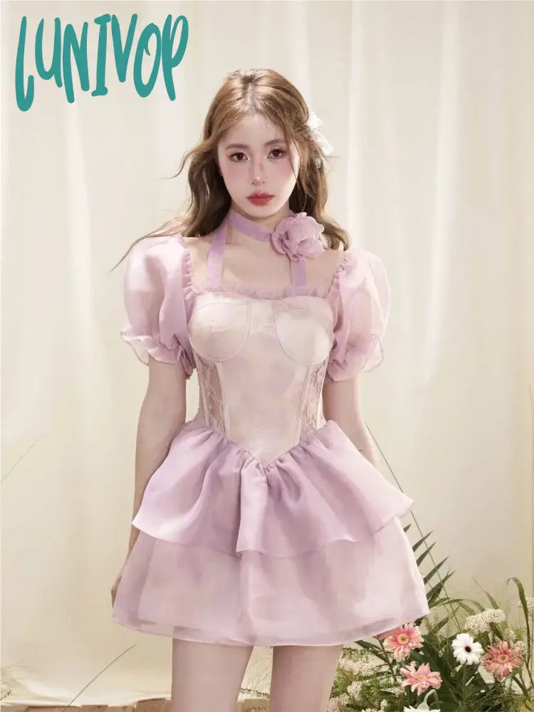 Lunivop Mini Floral Dress Women Summer High Waist Hotsweet Princess Tunic Vintage Girls Sweet