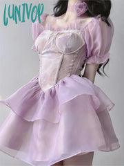 Lunivop Mini Floral Dress Women Summer High Waist Hotsweet Princess Tunic Vintage Girls Sweet