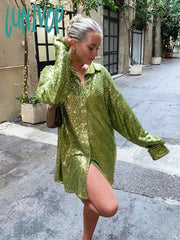 Lunivop Mini V Neck Green Sequins Party Dresses Shitrs Long Sleeve Autumn Winter Loose Pink Y2K