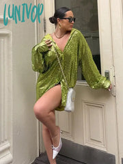 Lunivop Mini V Neck Green Sequins Party Dresses Shitrs Long Sleeve Autumn Winter Loose Pink Y2K