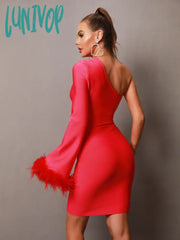 Lunivop New Arrival Women Summer Sexy One Shoulder Feather Hot Pink Mini Bodycon Bandage Dress