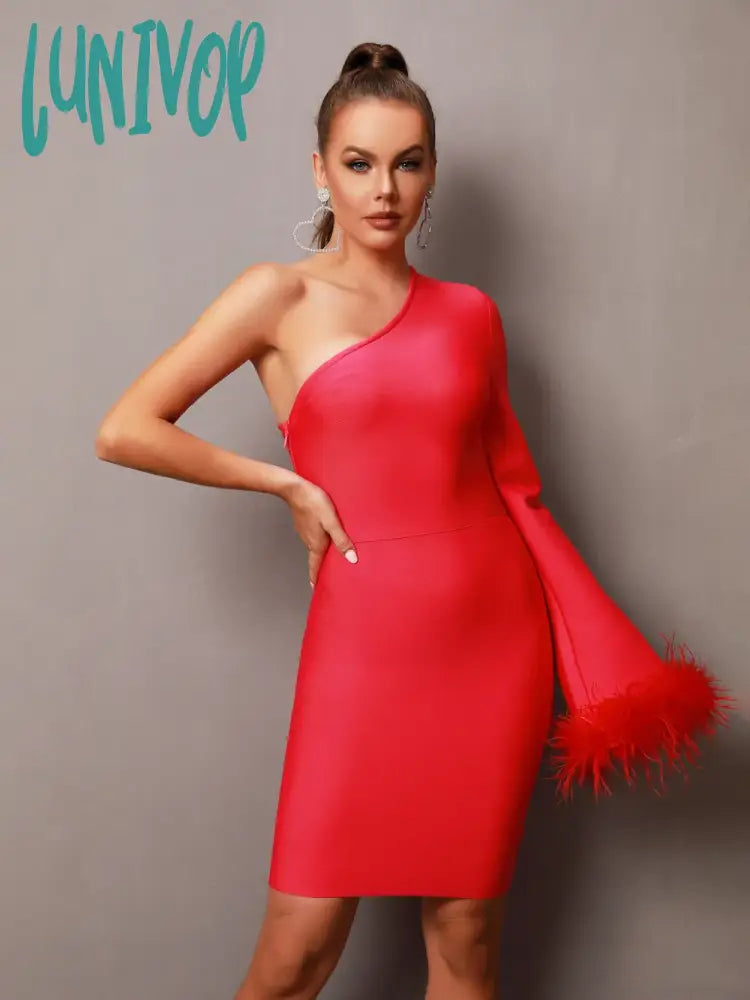 Lunivop New Arrival Women Summer Sexy One Shoulder Feather Hot Pink Mini Bodycon Bandage Dress
