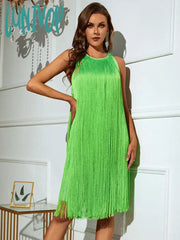 Lunivop New Arrival Women Summer Sexy Sleeveless O Neck Tassel Green Mini Bandage Dress Elegant
