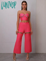 Lunivop New Arrival Women Summer Sexy Strapless Backless Cut Out Pink Beading Bandage Pants Set