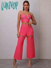 Lunivop New Arrival Women Summer Sexy Strapless Backless Cut Out Pink Beading Bandage Pants Set