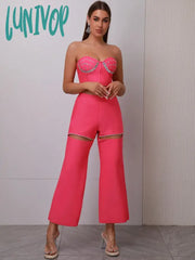 Lunivop New Arrival Women Summer Sexy Strapless Backless Cut Out Pink Beading Bandage Pants Set