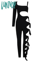 Lunivop New Arrival Women Summer Style Sexy Long Sleeve Hollow Out Black Bodycon Bandage Jumpsuit