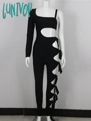 Lunivop New Arrival Women Summer Style Sexy Long Sleeve Hollow Out Black Bodycon Bandage Jumpsuit