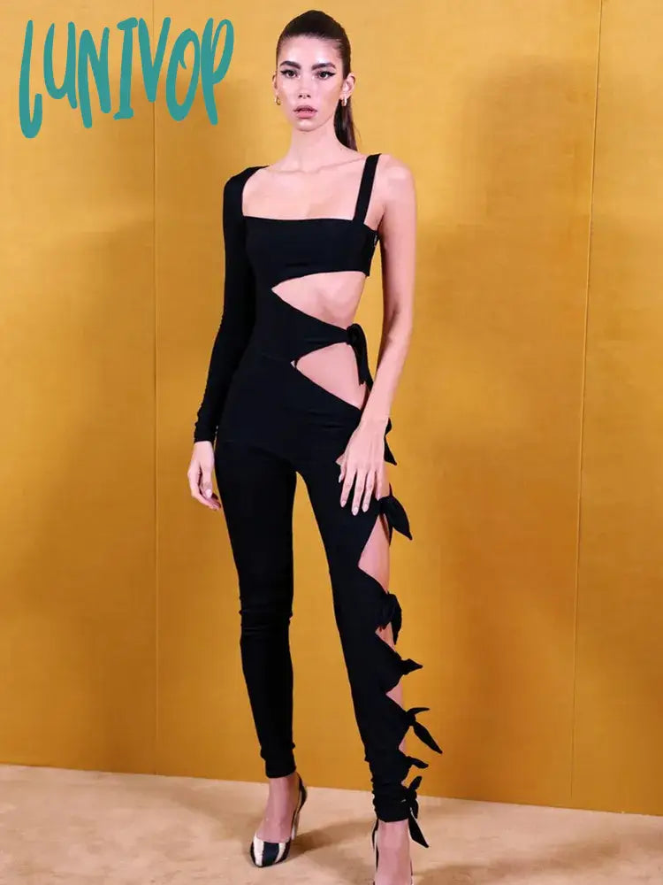 Lunivop New Arrival Women Summer Style Sexy Long Sleeve Hollow Out Black Bodycon Bandage Jumpsuit