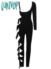 Lunivop New Arrival Women Summer Style Sexy Long Sleeve Hollow Out Black Bodycon Bandage Jumpsuit