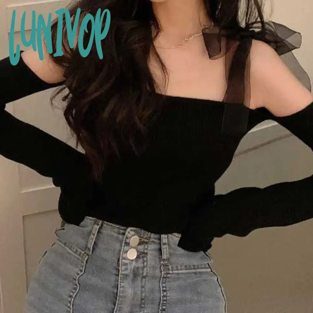 Lunivop New Autumn Sexy Off Shoulder Sweaters For Women Vintage Mesh Lacing Bow Slim Korean Fashion