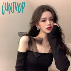 Lunivop New Autumn Sexy Off Shoulder Sweaters For Women Vintage Mesh Lacing Bow Slim Korean Fashion