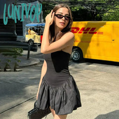 Lunivop New Black Big Backless Spaghetti Strap Dress For Women Sleeveless Patchwork Sexy Slim Club