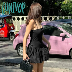 Lunivop New Black Big Backless Spaghetti Strap Dress For Women Sleeveless Patchwork Sexy Slim Club