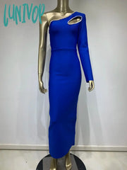 Lunivop New Bodycon Bandage Dress Sexy One Shoulder Diamonds Blue Maxi Long Women Celebrity Fashion