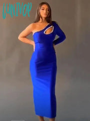Lunivop New Bodycon Bandage Dress Sexy One Shoulder Diamonds Blue Maxi Long Women Celebrity Fashion