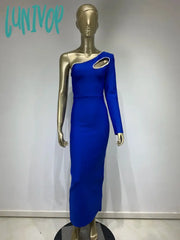 Lunivop New Bodycon Bandage Dress Sexy One Shoulder Diamonds Blue Maxi Long Women Celebrity Fashion