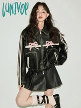 Lunivop New Bow Y2K Motorcycle Pu Leather Jacket For Women Zipper Polo-Neck Sweet Cool Coat 2024