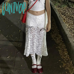 Lunivop New Bows Solid Color Lace Long Skirts For Women See Throught Hot Girl Summer Fashion Hig