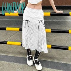 Lunivop New Bows Solid Color Lace Long Skirts For Women See Throught Hot Girl Summer Fashion Hig