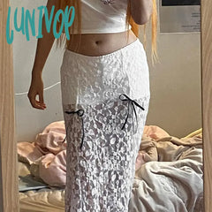 Lunivop New Bows Solid Color Lace Long Skirts For Women See Throught Hot Girl Summer Fashion Hig