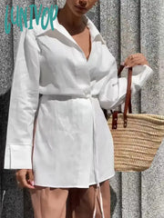 Lunivop New Casual White Shirt Top 2024 Spring Chic Long Sleeve Lace-Up Lapel Collar Blouse Women