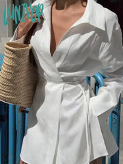 Lunivop New Casual White Shirt Top 2024 Spring Chic Long Sleeve Lace-Up Lapel Collar Blouse Women