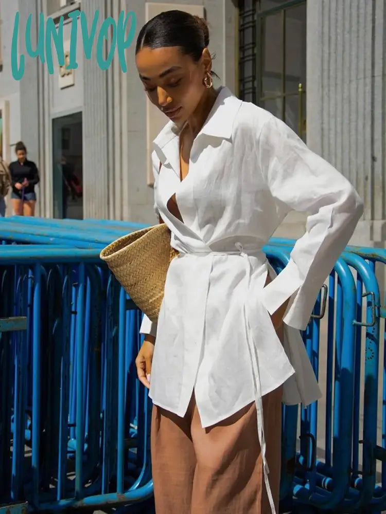 Lunivop New Casual White Shirt Top 2024 Spring Chic Long Sleeve Lace-Up Lapel Collar Blouse Women