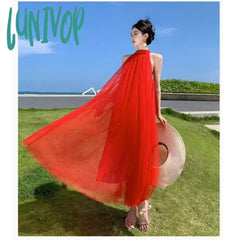 Lunivop New Celebrity Women Backless Prom Dress Summer Elegant Retro Sexy Red Evening Vacation