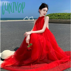 Lunivop New Celebrity Women Backless Prom Dress Summer Elegant Retro Sexy Red Evening Vacation
