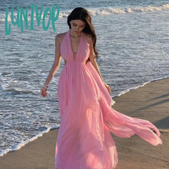 Lunivop New Daring Fairy Backless Formal Dress Modern Women Pink Summer Birthday Sexy Female Maxi