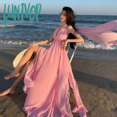 Lunivop New Daring Fairy Backless Formal Dress Modern Women Pink Summer Birthday Sexy Female Maxi