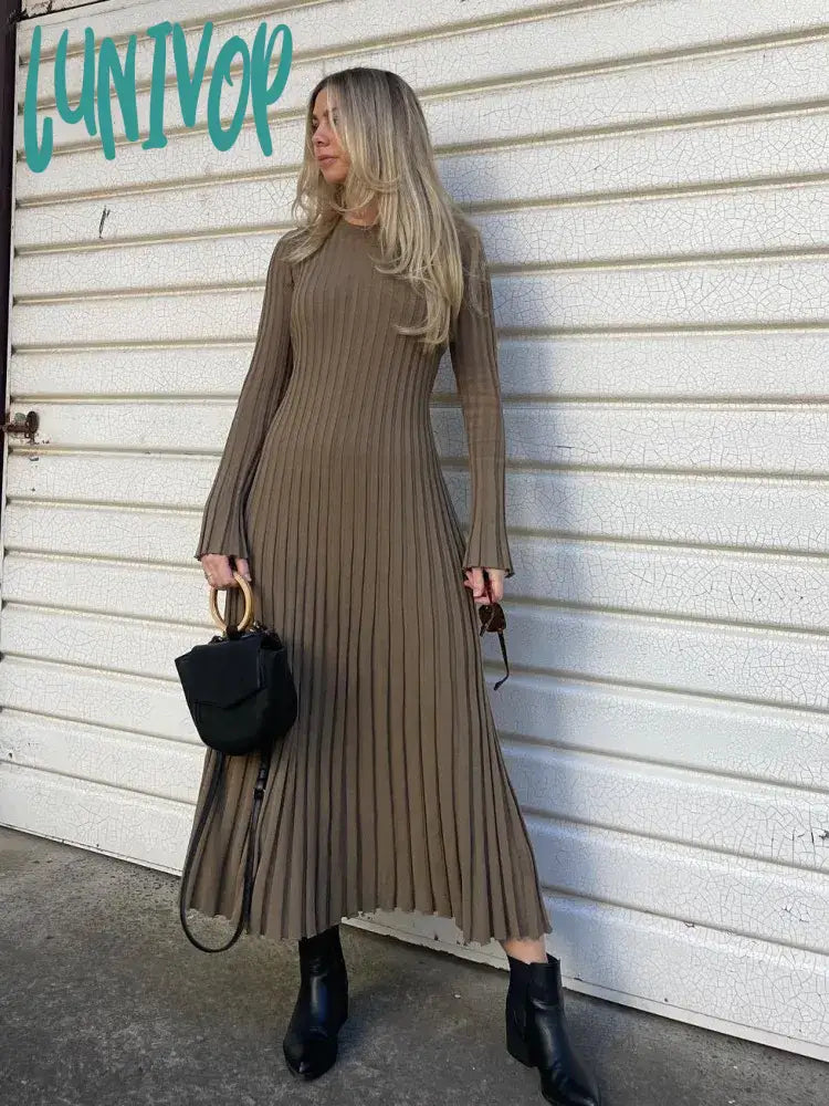 Lunivop New Elegant Knit Soft Pleated Women Dress Winter Fashion O-Neck Lace-Up White Black Sweater