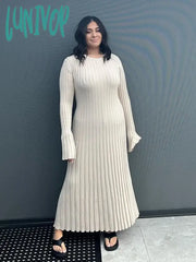 Lunivop New Elegant Knit Soft Pleated Women Dress Winter Fashion O-Neck Lace-Up White Black Sweater