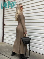 Lunivop New Elegant Knit Soft Pleated Women Dress Winter Fashion O-Neck Lace-Up White Black Sweater