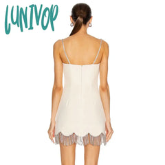 Lunivop New Elegant Women Black Spaghetti Strap V Neck Mini Bandage Dress Sexy Diamonds Tassel
