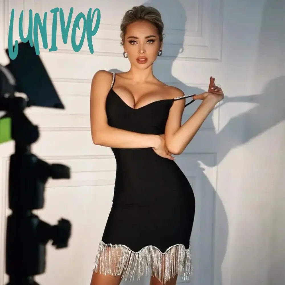 Lunivop New Elegant Women Black Spaghetti Strap V Neck Mini Bandage Dress Sexy Diamonds Tassel