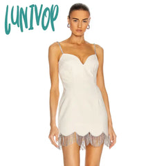 Lunivop New Elegant Women Black Spaghetti Strap V Neck Mini Bandage Dress Sexy Diamonds Tassel