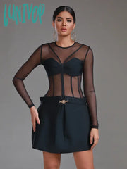 Lunivop New Fashion High Quality Long Sleeve O-Neck Mesh Bandage Dress Women Elegant Luxury Formal