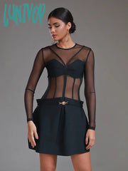 Lunivop New Fashion High Quality Long Sleeve O-Neck Mesh Bandage Dress Women Elegant Luxury Formal