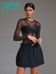 Lunivop New Fashion High Quality Long Sleeve O-Neck Mesh Bandage Dress Women Elegant Luxury Formal