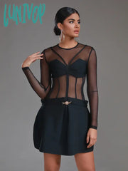 Lunivop New Fashion High Quality Long Sleeve O-Neck Mesh Bandage Dress Women Elegant Luxury Formal