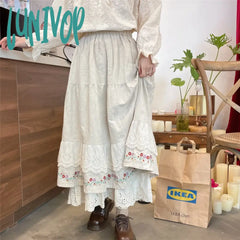 Lunivop New Fashion Long Maxi Skirts Women Elastic Waist Spring Autumn Linen Skirt Lace Beige Japan