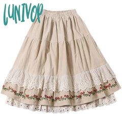 Lunivop New Fashion Long Maxi Skirts Women Elastic Waist Spring Autumn Linen Skirt Lace Beige Japan