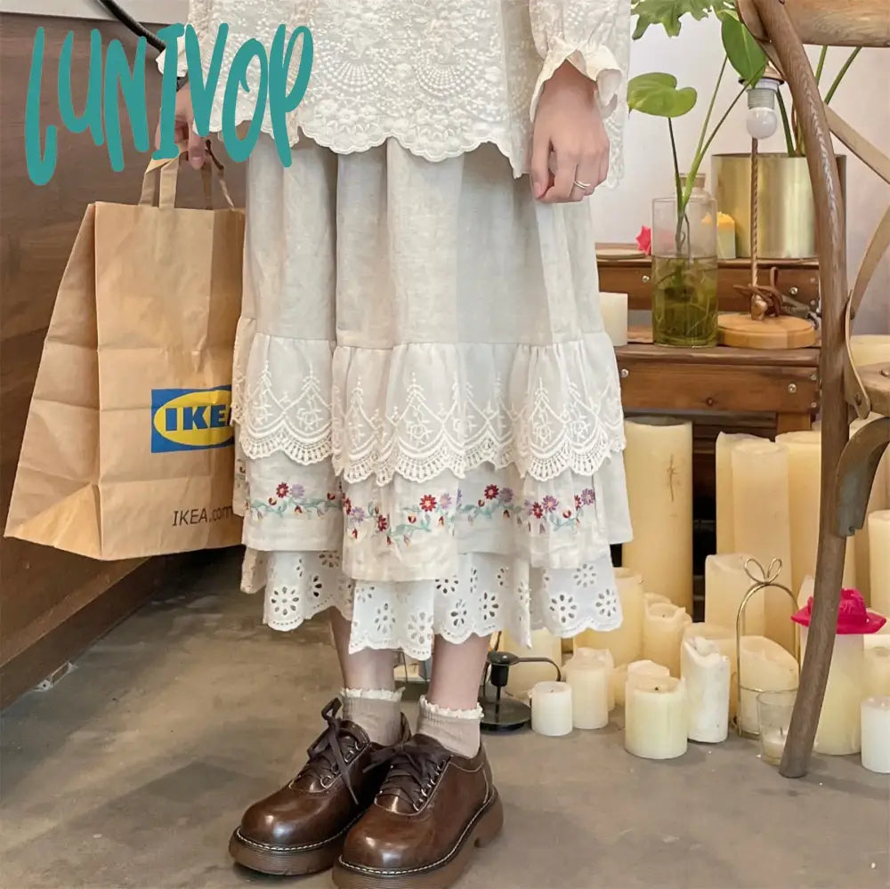 Lunivop New Fashion Long Maxi Skirts Women Elastic Waist Spring Autumn Linen Skirt Lace Beige Japan