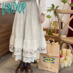 Lunivop New Fashion Long Maxi Skirts Women Elastic Waist Spring Autumn Linen Skirt Lace Beige Japan