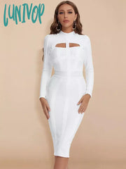 Lunivop New Fashion Women White Bodycon Bandage Dress Long Sleeve Sexy Hollow Out Night Club