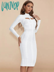 Lunivop New Fashion Women White Bodycon Bandage Dress Long Sleeve Sexy Hollow Out Night Club