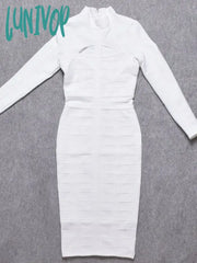 Lunivop New Fashion Women White Bodycon Bandage Dress Long Sleeve Sexy Hollow Out Night Club